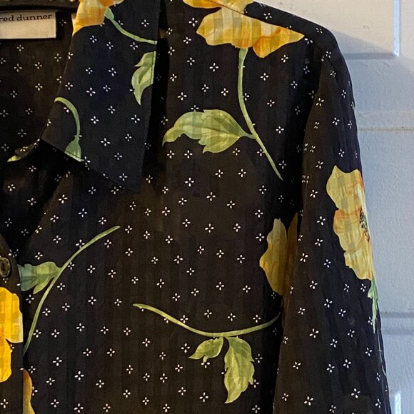 Alfred Dunner Sz 18 (XL) Blouse Button Up Short Sleeve Black Yellow Poppies - Picture 3 of 10